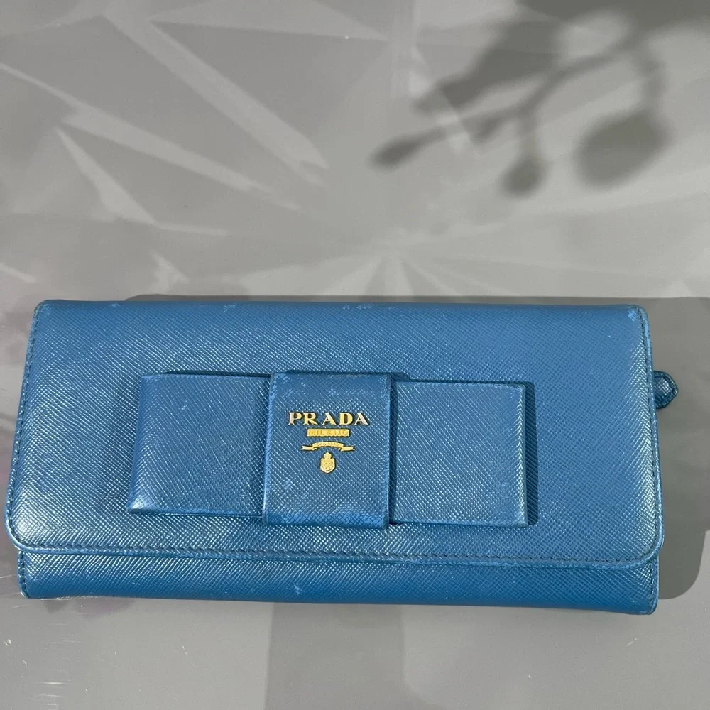 PRADA Blue Bow Saffiano Leather Wallet - Picture 5 of 17